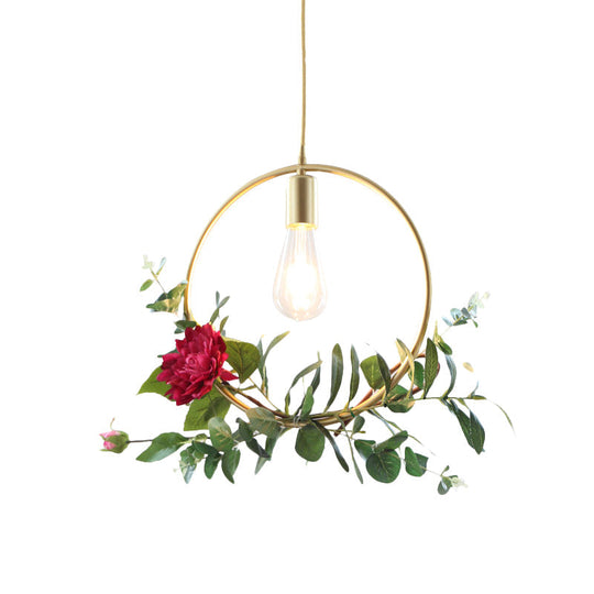 Gold Drop Pendant Iron Triangle/Square/Rectangle Farm Frame Suspension Lighting With Faux Rose