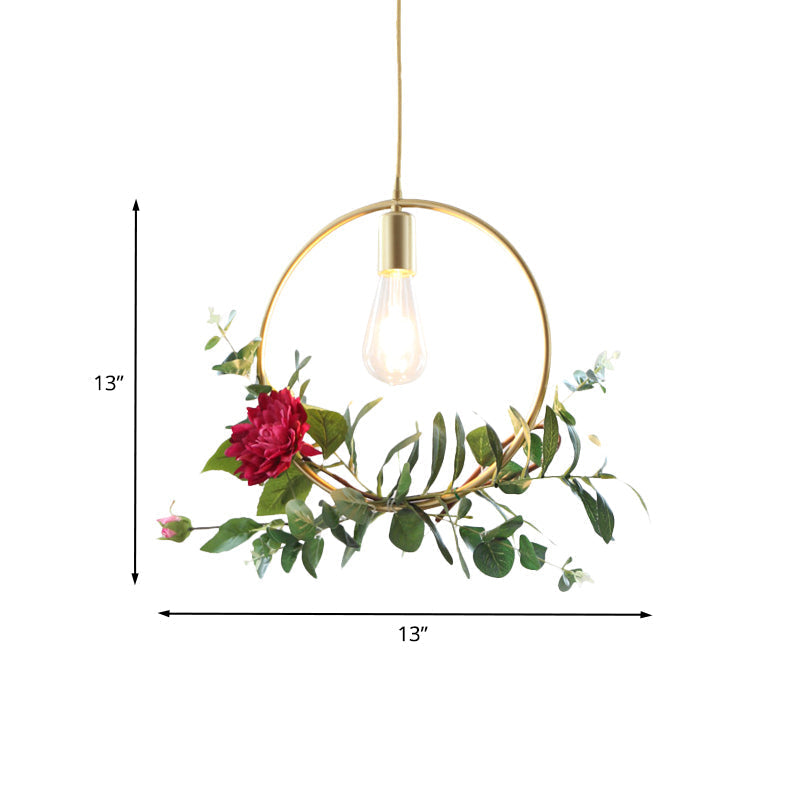 Gold Drop Pendant Iron Triangle/Square/Rectangle Farm Frame Suspension Lighting With Faux Rose