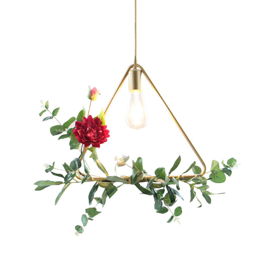 Gold Drop Pendant Iron Triangle/Square/Rectangle Farm Frame Suspension Lighting With Faux Rose