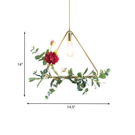 Gold Drop Pendant Iron Triangle/Square/Rectangle Farm Frame Suspension Lighting With Faux Rose