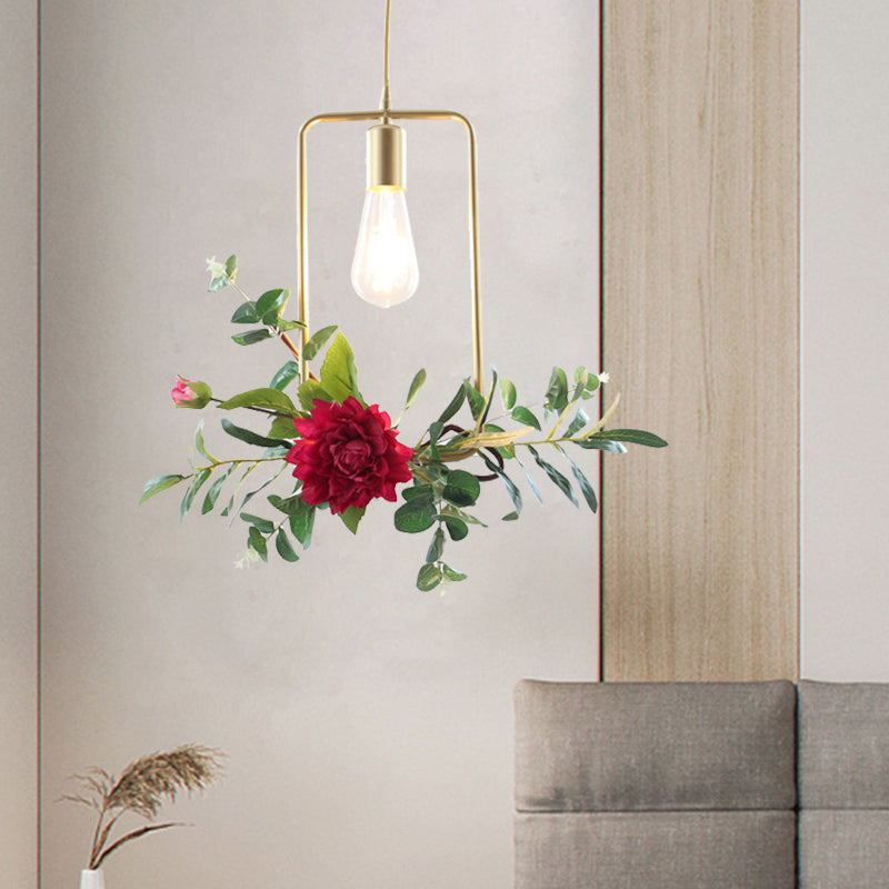 Gold Drop Pendant Iron Triangle/Square/Rectangle Farm Frame Suspension Lighting With Faux Rose /