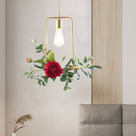Gold Drop Pendant Iron Triangle/Square/Rectangle Farm Frame Suspension Lighting With Faux Rose /