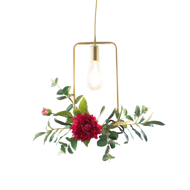 Gold Drop Pendant Iron Triangle/Square/Rectangle Farm Frame Suspension Lighting With Faux Rose