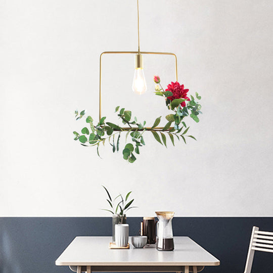 Gold Drop Pendant Iron Triangle/Square/Rectangle Farm Frame Suspension Lighting With Faux Rose