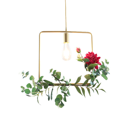 Gold Drop Pendant Iron Triangle/Square/Rectangle Farm Frame Suspension Lighting With Faux Rose