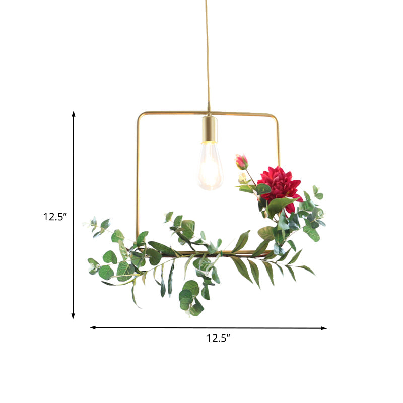 Gold Drop Pendant Iron Triangle/Square/Rectangle Farm Frame Suspension Lighting With Faux Rose
