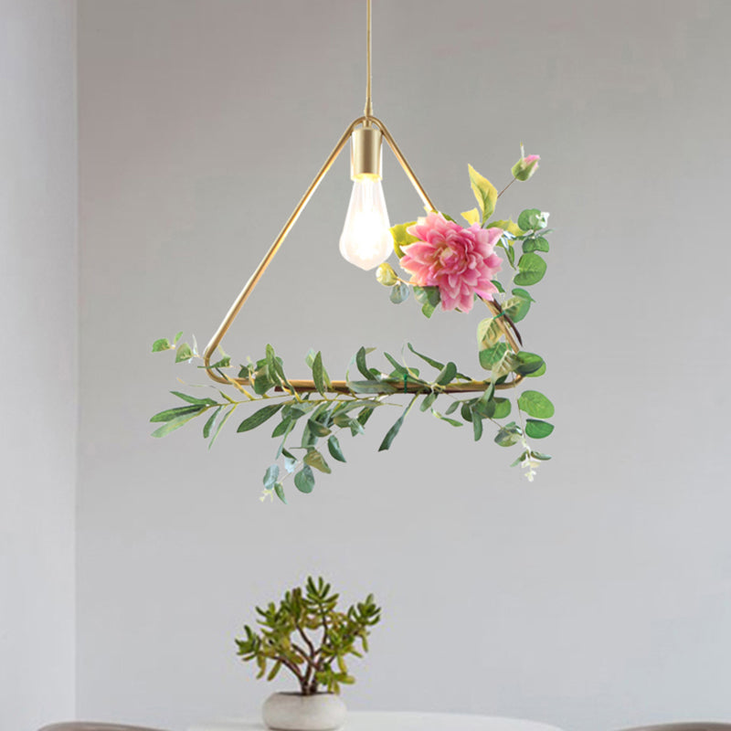 Metallic Hanging Pendant Loft Style Ceiling Light With Artificial Flower Deco - 1-Light Champagne