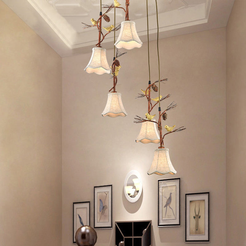 Country Fabric Flaxen Pendant Light With Scallop Design And Nature-Inspired Deco (3/5 Heads)