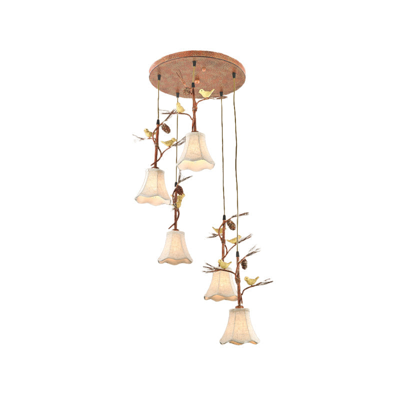 Country Fabric Flaxen Pendant Light With Scallop Design And Nature-Inspired Deco (3/5 Heads)