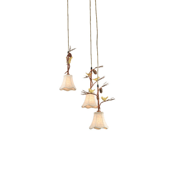 Country Fabric Flaxen Pendant Light With Scallop Design And Nature-Inspired Deco (3/5 Heads)