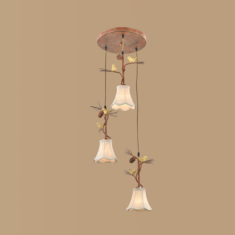 Country Fabric Flaxen Pendant Light With Scallop Design And Nature-Inspired Deco (3/5 Heads)