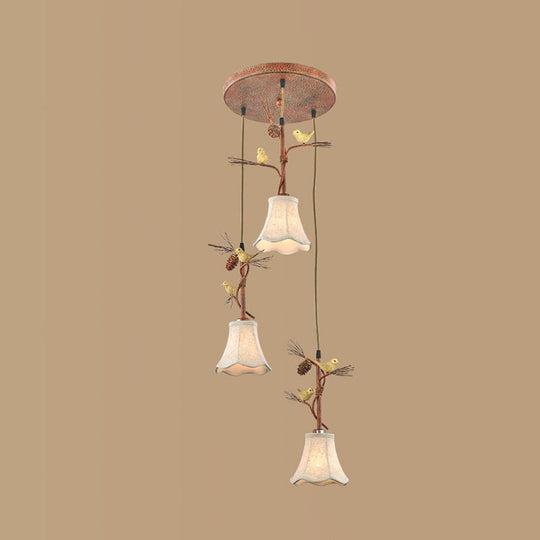 Country Fabric Flaxen Pendant Light With Scallop Design And Nature-Inspired Deco (3/5 Heads)