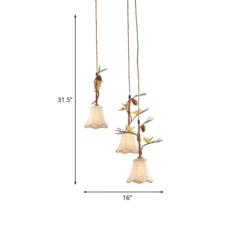 Country Fabric Flaxen Pendant Light With Scallop Design And Nature-Inspired Deco (3/5 Heads)