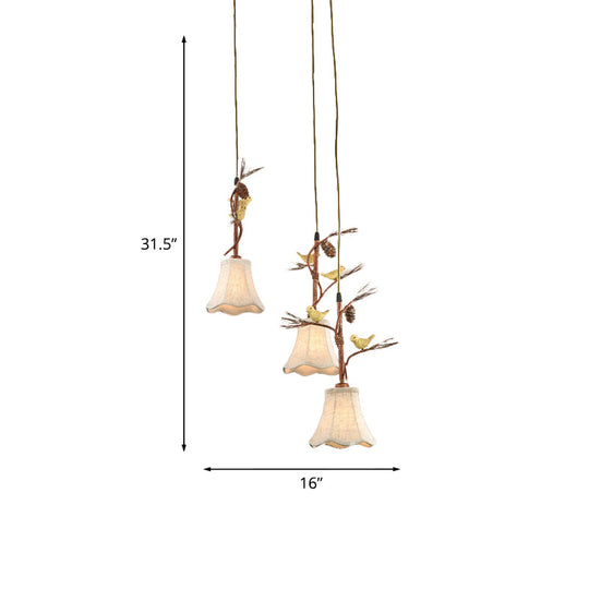 Country Fabric Flaxen Pendant Light With Scallop Design And Nature-Inspired Deco (3/5 Heads)