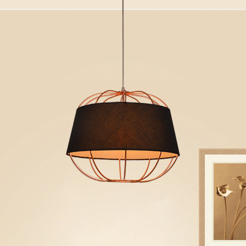 Country Style 1-Bulb Pendant Light Kit - Tapered Drum Fabric Hanging Lamp In White/Black With Wire
