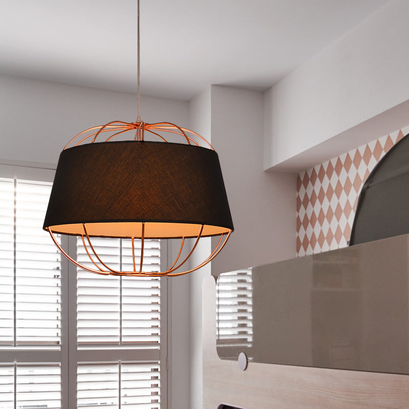 Country Style 1-Bulb Pendant Light Kit - Tapered Drum Fabric Hanging Lamp In White/Black With Wire