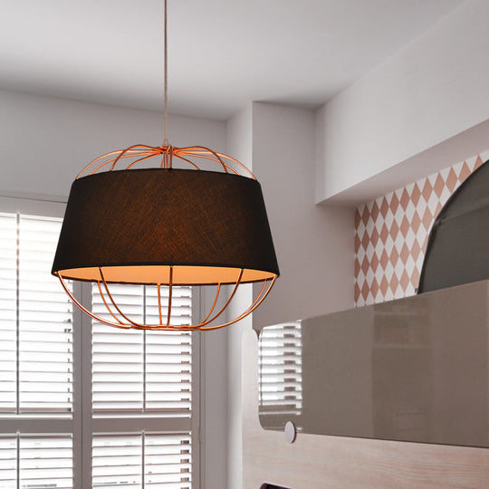 Country Style 1-Bulb Pendant Light Kit - Tapered Drum Fabric Hanging Lamp In White/Black With Wire