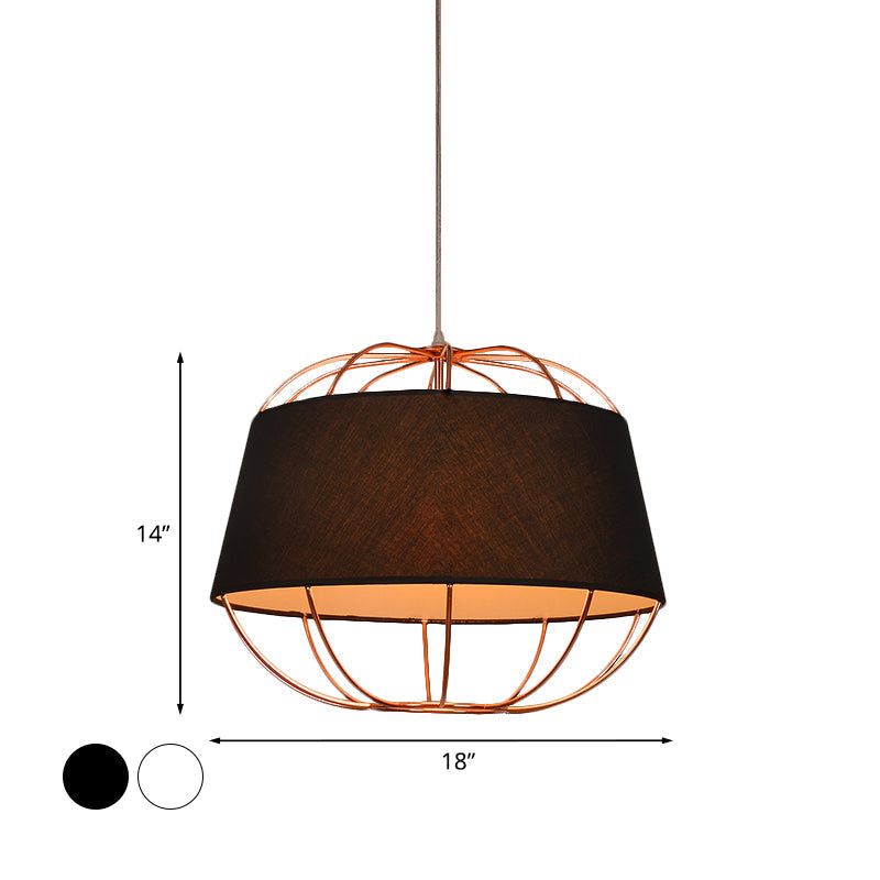 Country Style 1-Bulb Pendant Light Kit - Tapered Drum Fabric Hanging Lamp In White/Black With Wire