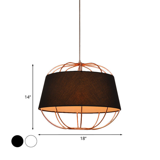 Country Style 1-Bulb Pendant Light Kit - Tapered Drum Fabric Hanging Lamp In White/Black With Wire