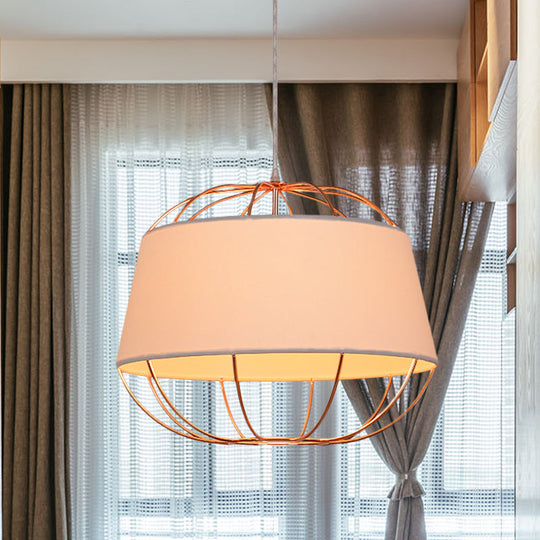 Country Style 1-Bulb Pendant Light Kit - Tapered Drum Fabric Hanging Lamp In White/Black With Wire