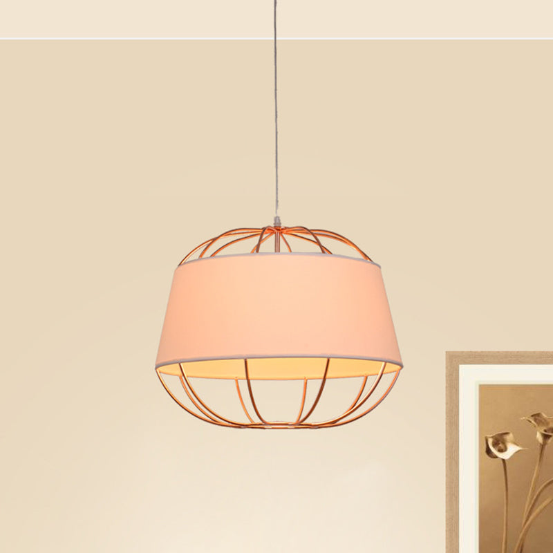 Country Style 1-Bulb Pendant Light Kit - Tapered Drum Fabric Hanging Lamp In White/Black With Wire