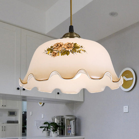 Pastoral White Glass Drop Pendant With Scalloped Bowl Design And 1 Light