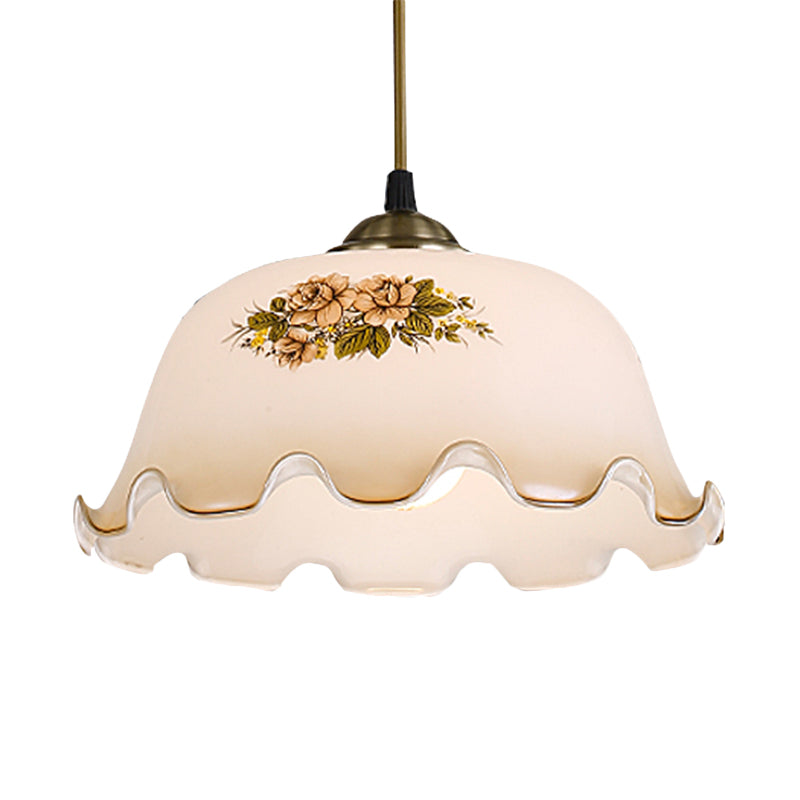 Pastoral White Glass Drop Pendant With Scalloped Bowl Design And 1 Light
