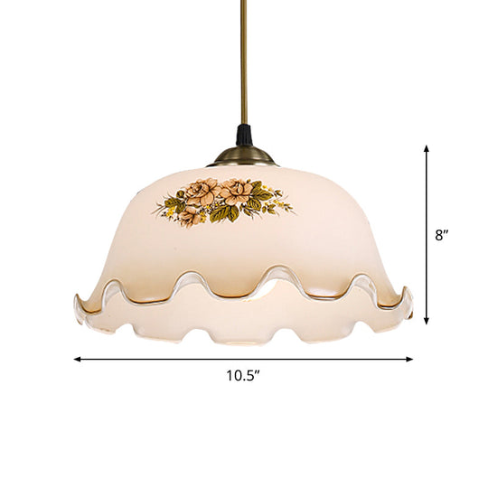 Pastoral White Glass Drop Pendant With Scalloped Bowl Design And 1 Light