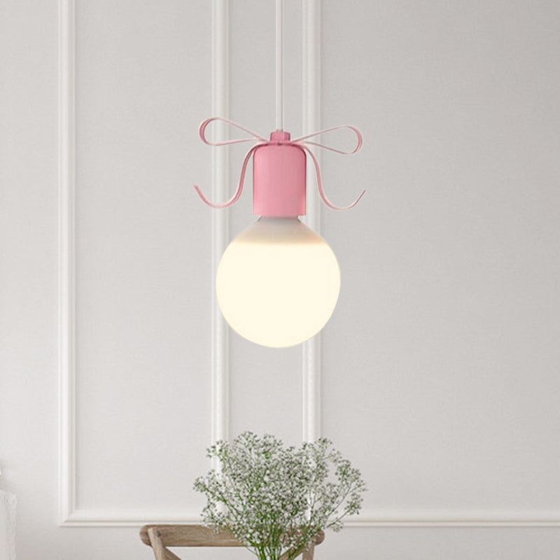 Macaron Modo Hanging Light Kit - White Glass 1-Head Pendant Lamp With Grey/Pink Finish And Bow Deco