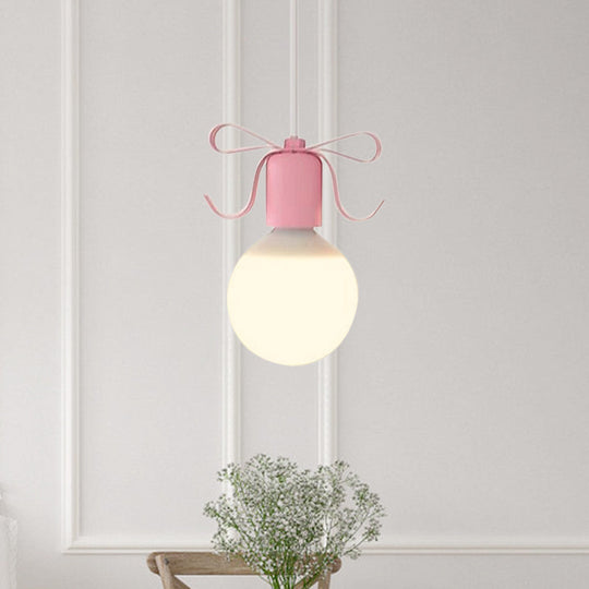 Macaron Modo Hanging Light Kit - White Glass 1-Head Pendant Lamp With Grey/Pink Finish And Bow Deco