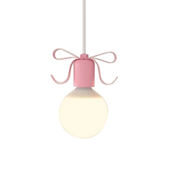 Macaron Modo Hanging Light Kit - White Glass 1-Head Pendant Lamp With Grey/Pink Finish And Bow Deco