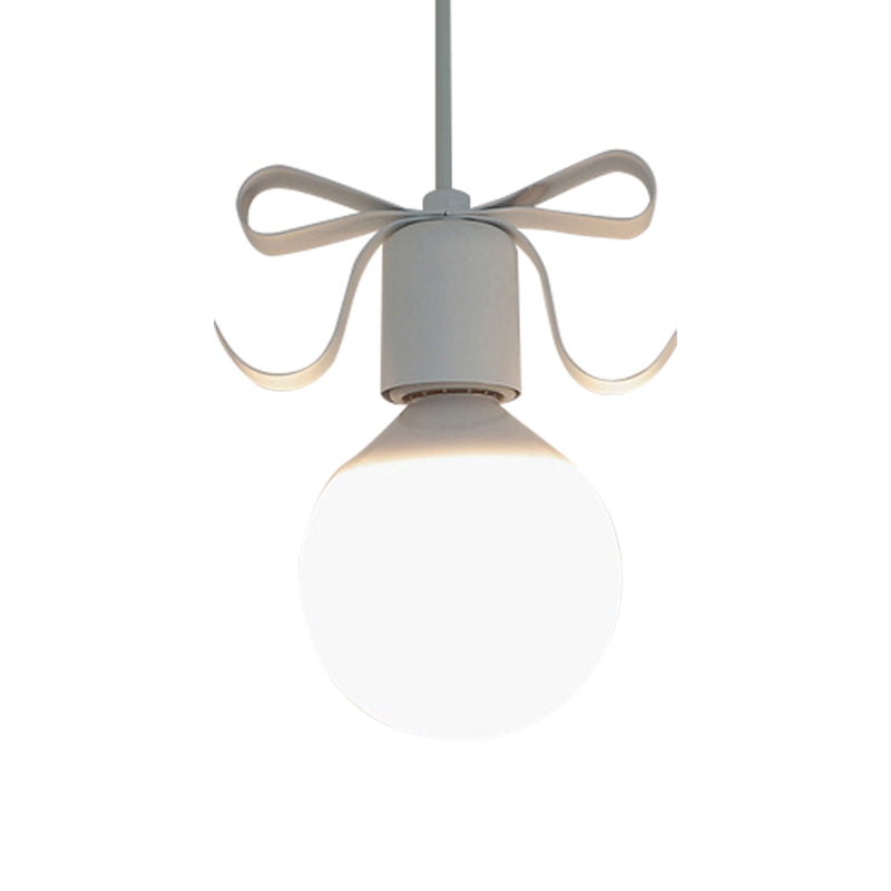 Macaron Modo Hanging Light Kit - White Glass 1-Head Pendant Lamp With Grey/Pink Finish And Bow Deco