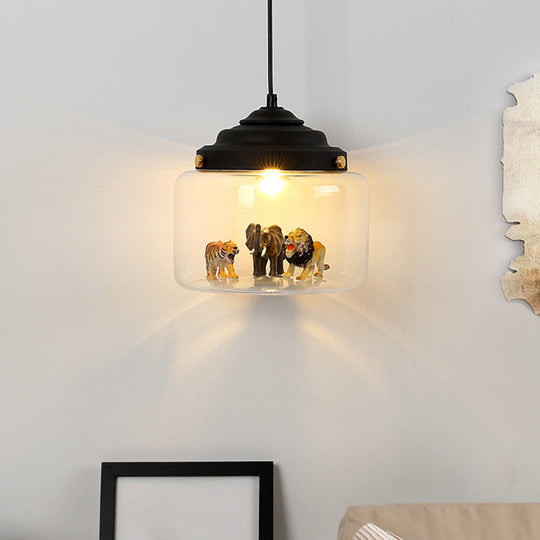 Clear Glass Pendulum Light With Nordic Style - 1 White/Black Suspension Lamp In Jar Shape Animal