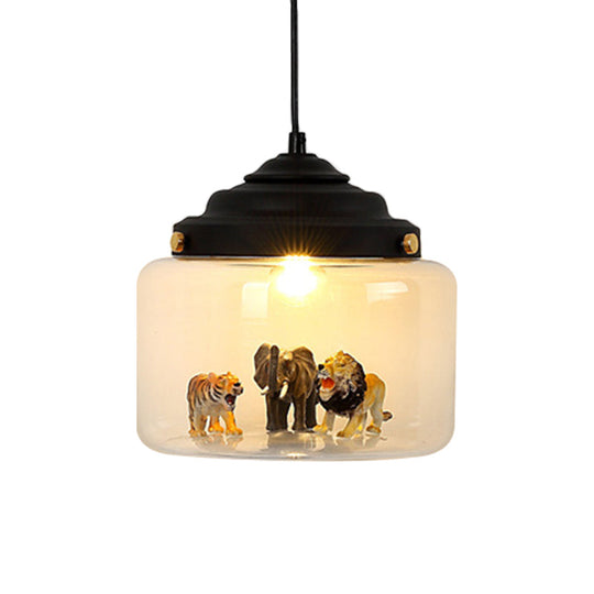 Clear Glass Pendulum Light With Nordic Style - 1 White/Black Suspension Lamp In Jar Shape Animal