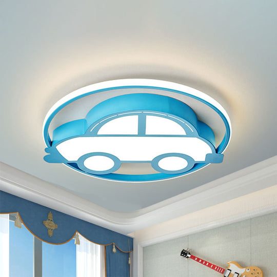 Car Shape Led Cartoon Flush Mount Lamp In Blue With White/Warm Light - Ideal For Bedrooms