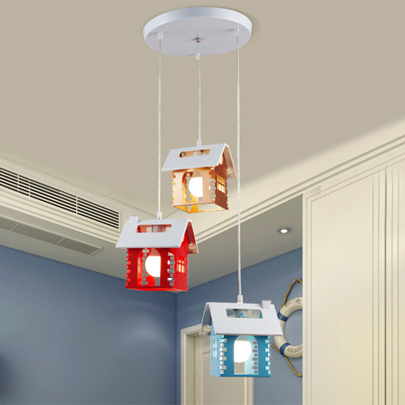 House-Shaped Multi-Light Pendant With Metallic Finish And 3 Colored Heads