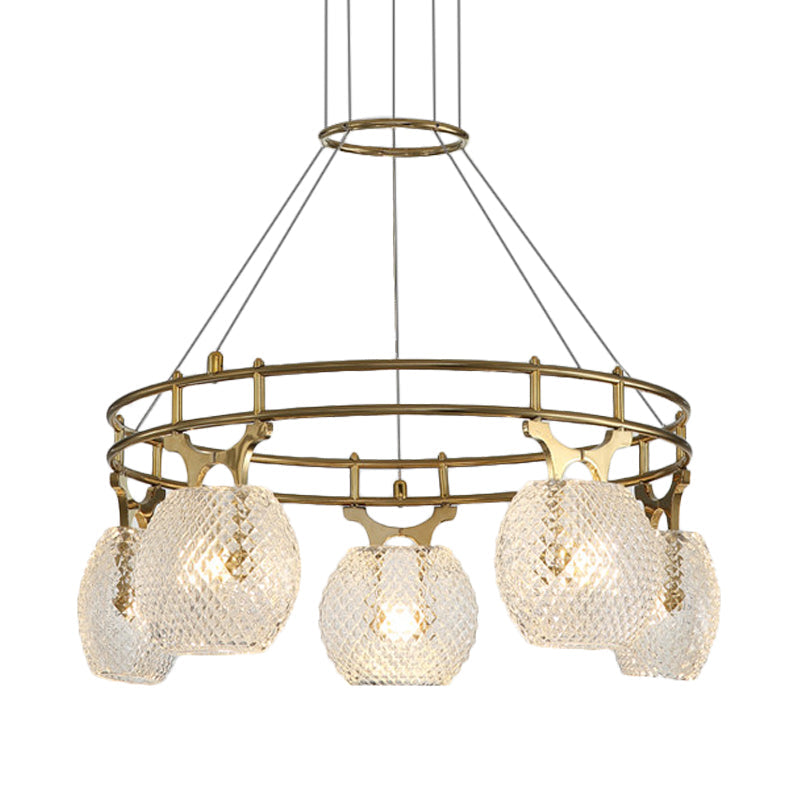 Lustre boule postmoderne doré avec verre transparent, lampe à suspension à 5 têtes pour plafond de salle à manger