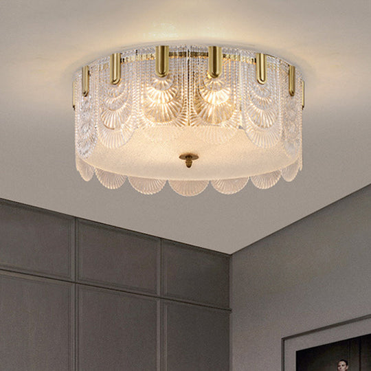 Modern Textured Glass Scalloped Ceiling Lamp with 6 Bulbs, Brass Finish - Flush Mount Recessed Lighting