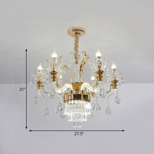 Traditional 6-Light Candelabra Chandelier in Gold with Clear Glass and Crystal Accent - Dining Room Ceiling Suspension Lamp