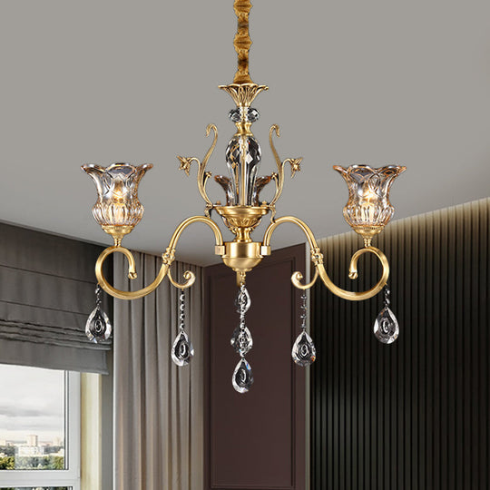 Vintage Brass Bellflower Hanging Chandelier with Clear Glass, 3 Bulbs, Scroll Arm, and Crystal Drops