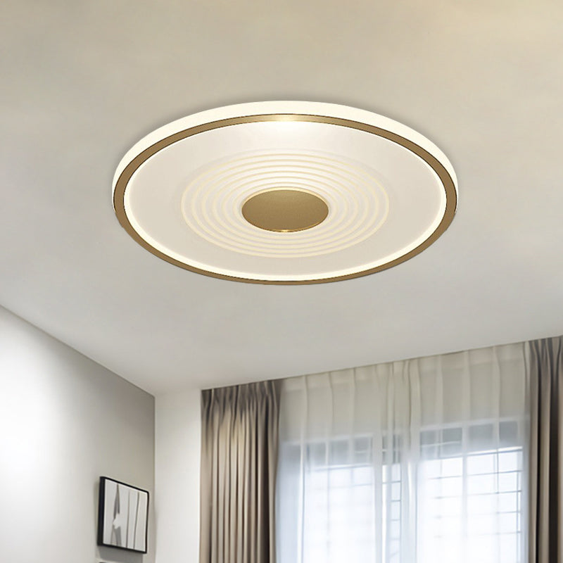 Minimalistic LED Flush Mount Lamp for Bedroom with White-Gold Finish and Acrylic Disc Shade - Warm or White Light Available