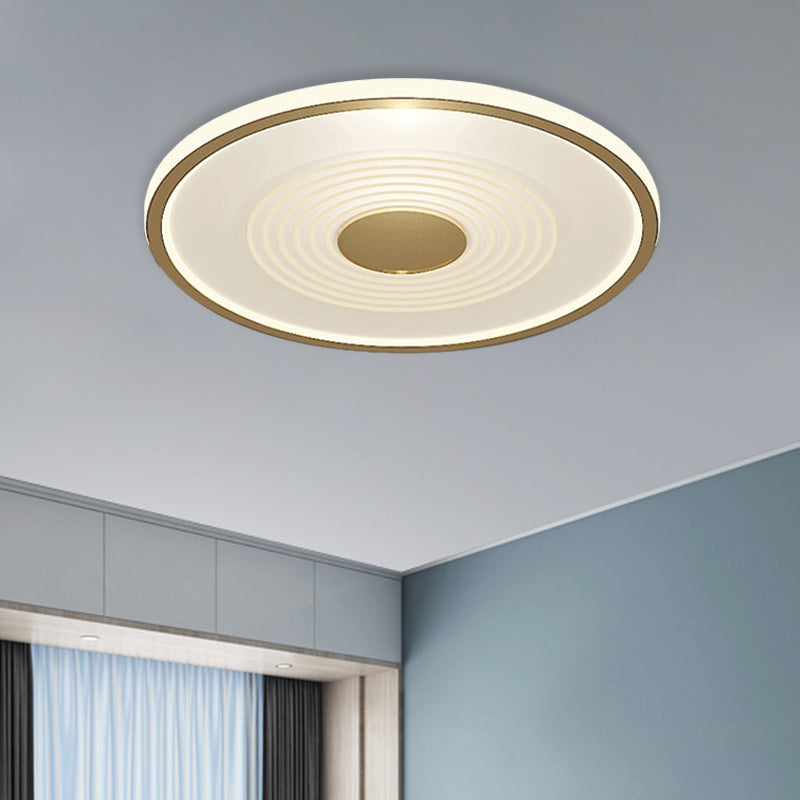 Minimalistic LED Flush Mount Lamp for Bedroom with White-Gold Finish and Acrylic Disc Shade - Warm or White Light Available