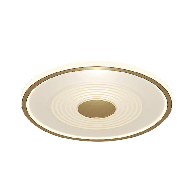Minimalistic LED Flush Mount Lamp for Bedroom with White-Gold Finish and Acrylic Disc Shade - Warm or White Light Available