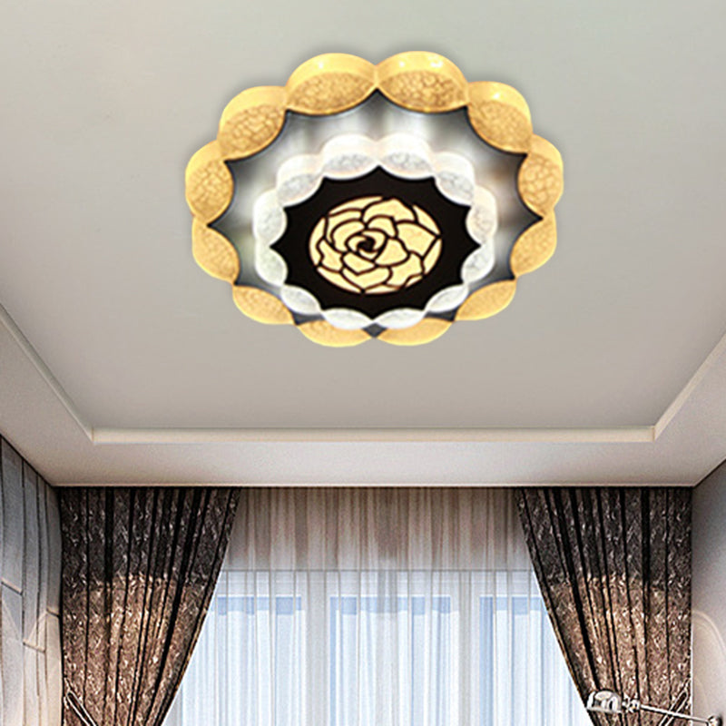 Contemporary Floral Flush Mount LED Lamp with Acrylic White-Black Finish and Rose Pattern