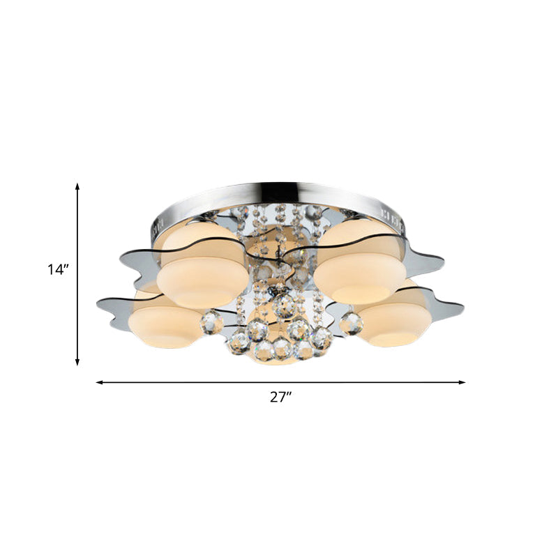 Plafonnier moderne à motif floral en chrome avec boule de cristal - Verre blanc, tête 3/5 - Idéal pour le salon