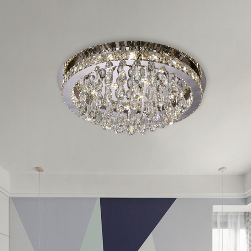 Modernist Nickel Led Ceiling Flush Light With Crystal-Encrusted Beveled Cut Circles And Drops