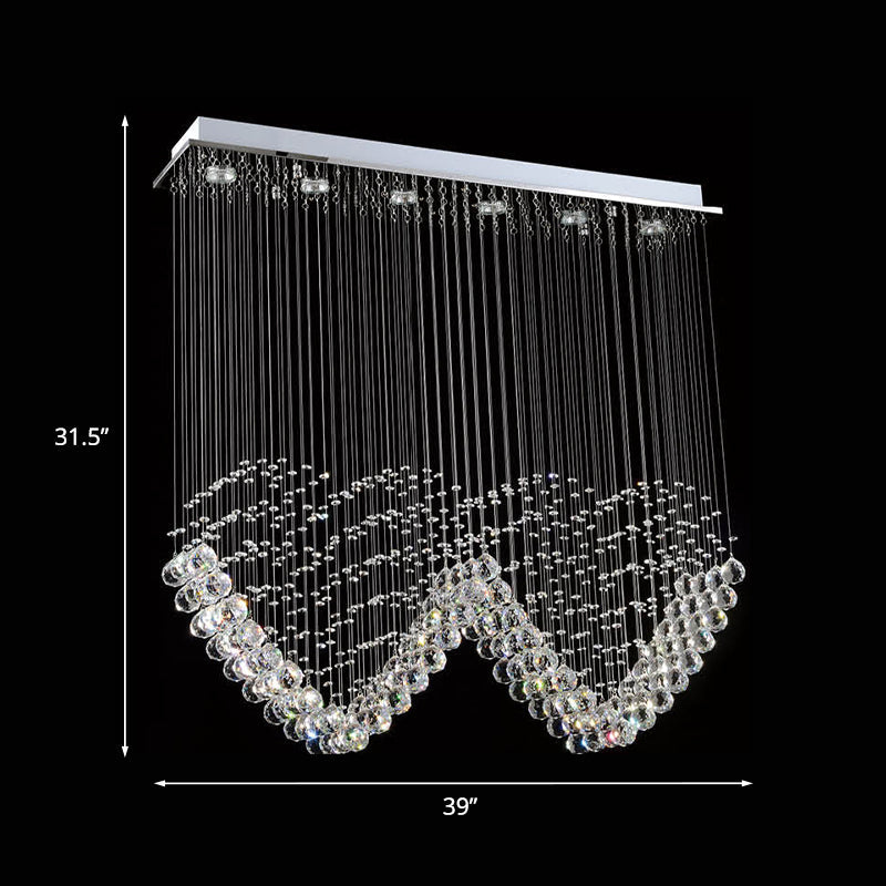 Double Heart Crystal Chandelier - Modern Satin Nickel Flush Mount With 5 Lights