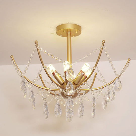 Retro Netting Crystal Strand Semi Flush Chandelier - Gold 6/8 Bulbs