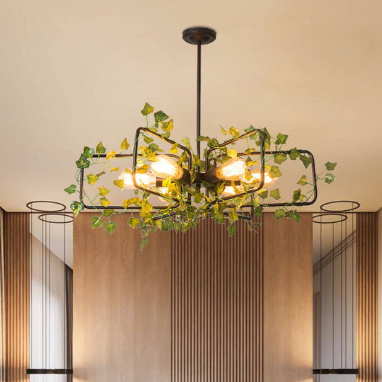 Farm Style Hanging Chandelier With 6 Metallic Lights And Green Plant Deco - Black Round/Rectangle