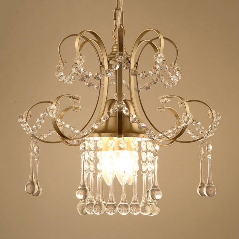 Contemporary Gold Metal Chandelier With Crystal Accents - 3 Lights Scrolling Pendulum Design